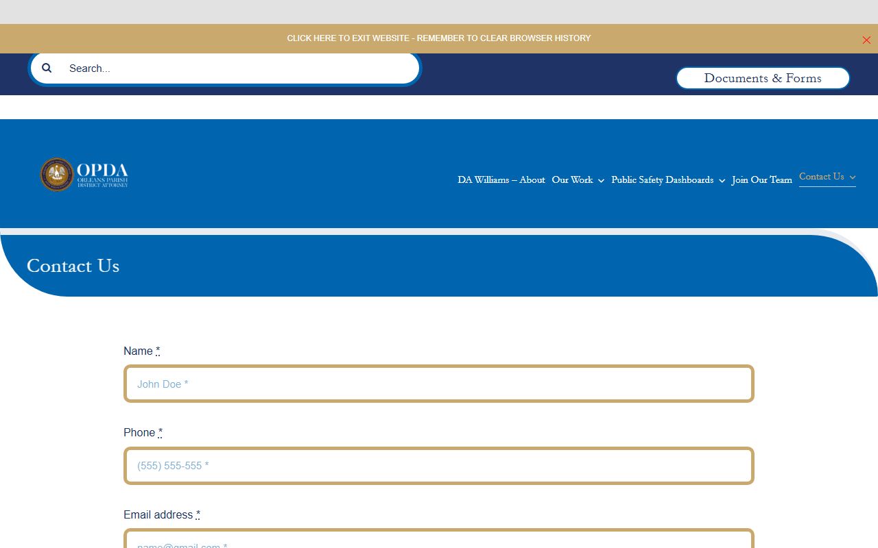Orleans Parish court records District Attorney contact page